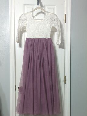 Girls' White Lace & Mauve Tulle Maxi Dress